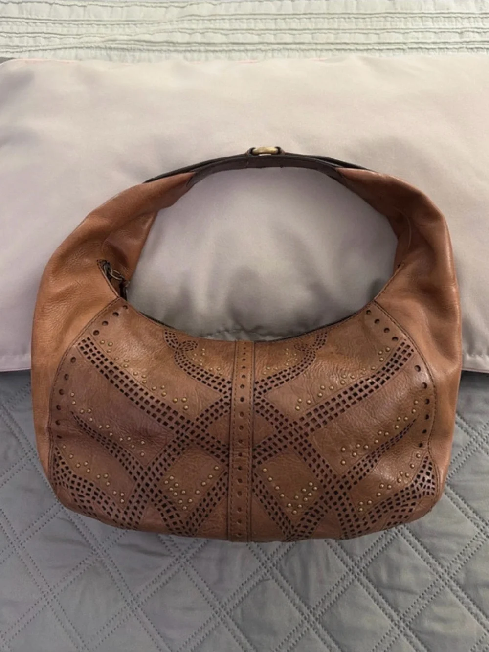 Cole Haan Tan Leather Perforated Hobo with Stud Accents